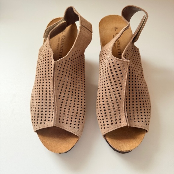 A. Giannetti Made in Italy Perforated Wedge Sandals Taupe Suede Peep Toe - Picture 2 of 5